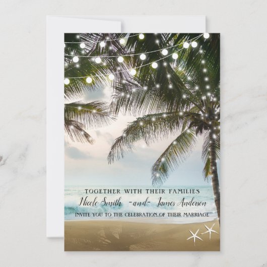 Tropisch strand oceaan palmbomen en lichten bruilo kaart (Voorkant)