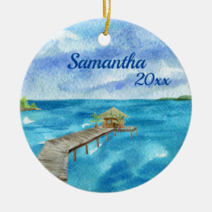 Tropisch strand oceaan zeezicht gepersonaliseerd keramisch ornament