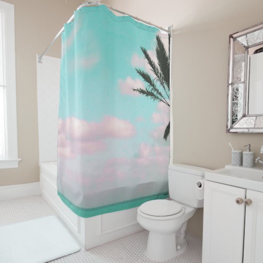 Tropisch strand, oceaanUitzicht, roze wolken, palm Douchegordijn (In situ)