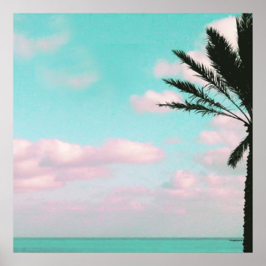 Tropisch strand, oceaanUitzicht, roze wolken, palm Poster (Voorkant)