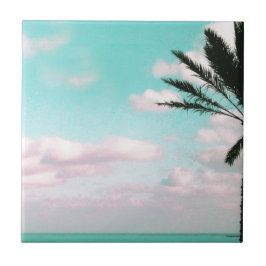 Tropisch strand, oceaanUitzicht, roze wolken, palm Tegeltje