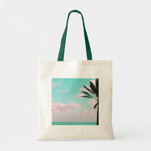 Tropisch strand, oceaanUitzicht, roze wolken, palm Tote Bag (Voorkant)