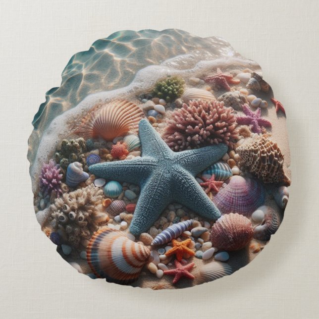 Tropisch strand Ocean Blue Zeesterren schelpen Rond Kussen (Voorkant)