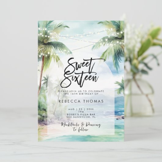 Tropisch strand Ocean Sweet 16 Party Uitnodiging (Staand voorkant)
