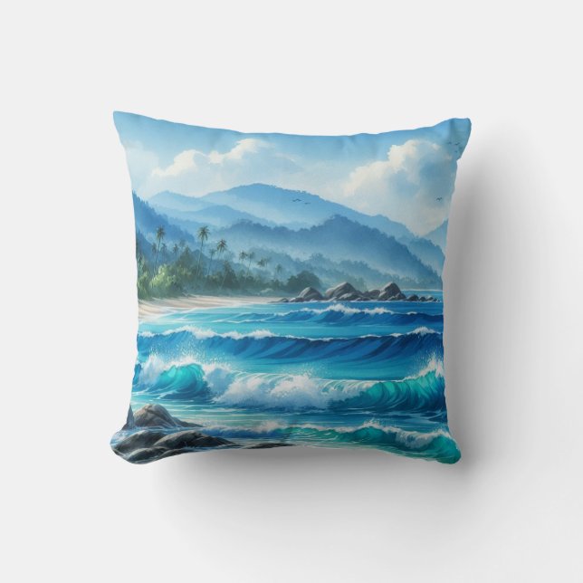 Tropisch strand Ocean Waves Waterverven Kussen (Voorkant)