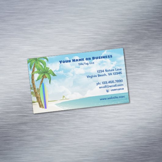Tropisch strand op het surfbord en de palmbomen magnetisch visitekaartje (Voorbeeld)