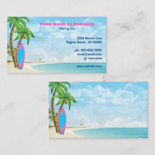 Tropisch strand op het surfbord en de palmbomen visitekaartje (Voorkant / Achterkant)