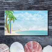 Tropisch strand op het surfbord en de palmbomen visitekaartje