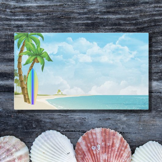 Tropisch strand op het surfbord en de palmbomen visitekaartje