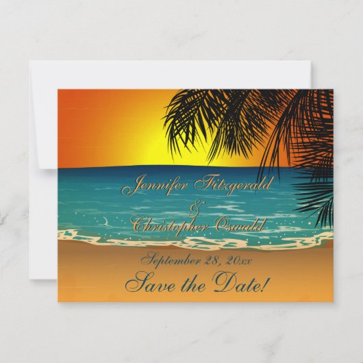 Tropisch strand op Sunset Wedding Save the Date (Voorkant)