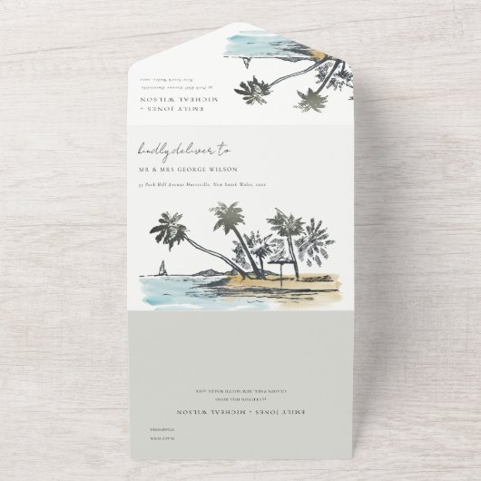 Tropisch strand palm Boom Waterverf bruiloft All In One Uitnodiging (Buitenkant)