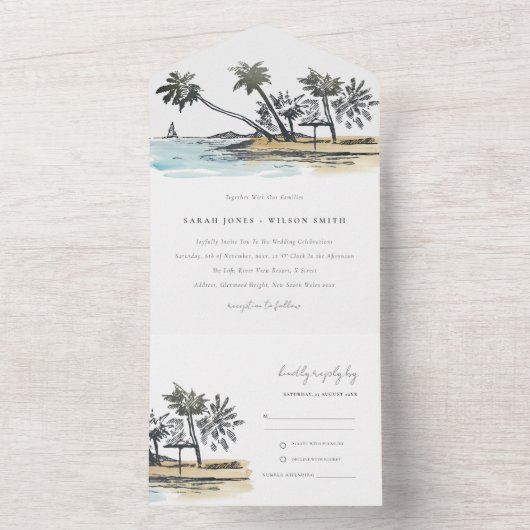 Tropisch strand palm Boom Waterverf bruiloft All In One Uitnodiging (Binnen)