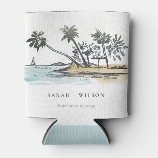 Tropisch strand palm Boom Waterverf bruiloft Blikjeskoeler (Voorkant)