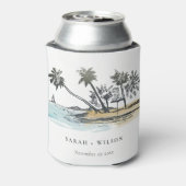 Tropisch strand palm Boom Waterverf bruiloft Blikjeskoeler (Blikje Achterkant)