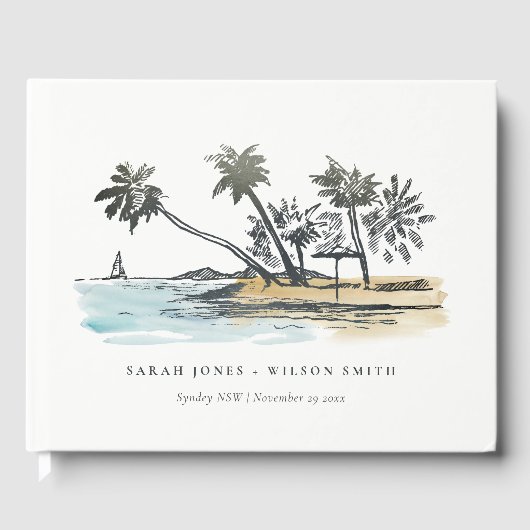 Tropisch strand palm Boom Waterverf bruiloft Gastenboek (Voorkant)