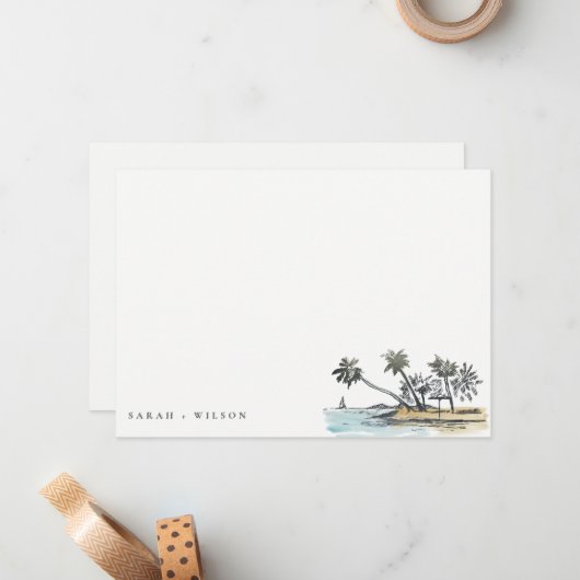Tropisch strand palm Boom Waterverf bruiloft Notitiekaartje (Voorkant / Achterkant in situ)
