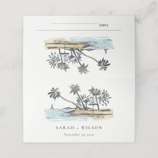 Tropisch strand palm Boom Waterverf bruiloft Plaatskaartje (Buitenkant ongevouwen)