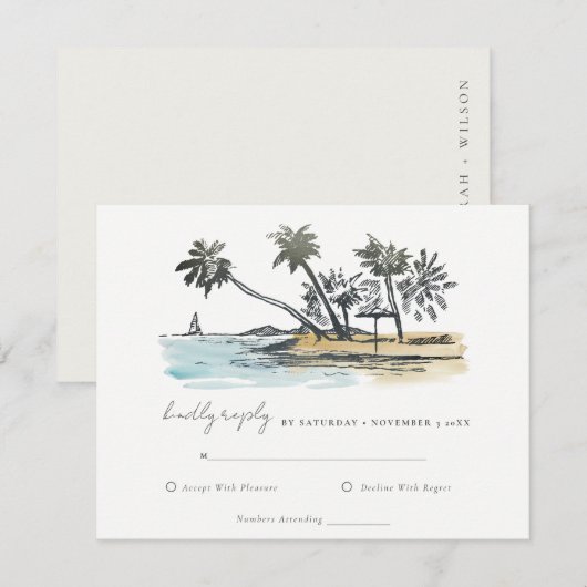 Tropisch strand palm Boom Waterverf bruiloft RSVP Kaartje (Voorkant / Achterkant)