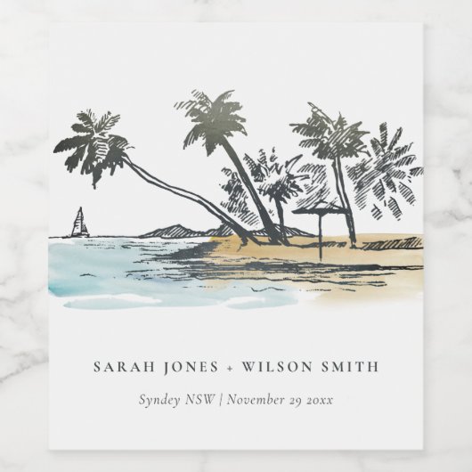 Tropisch strand palm Boom Waterverf bruiloft Wijn Etiket (Enkel label)