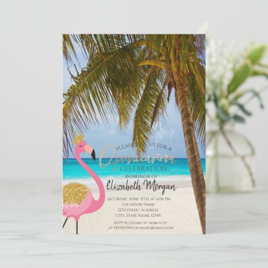 Tropisch strand, palm, Flamingo Quinceañera Kaart (Staand voorkant)