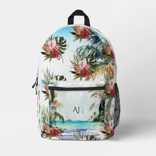 Tropisch strand Palm Floral | Monogram Bedrukte Rugzak (Voorkant)