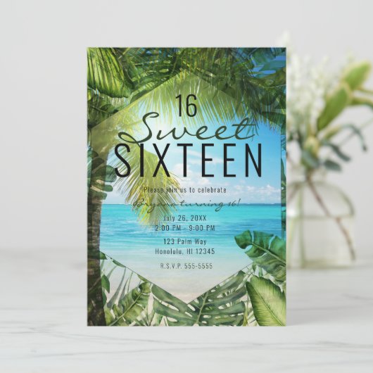 Tropisch strand Palm Leaves Summer Island Sweet 16 Kaart (Staand voorkant)