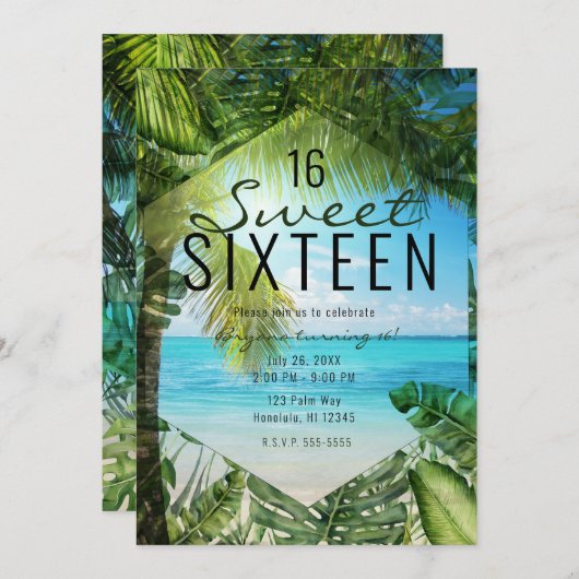 Tropisch strand Palm Leaves Summer Island Sweet 16 Kaart (Voorkant / Achterkant)