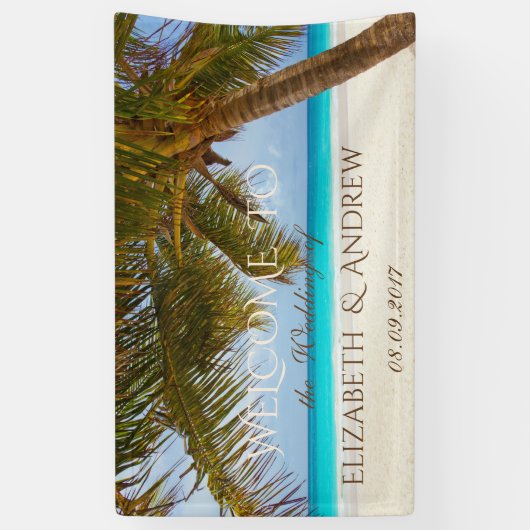 Tropisch strand, palm, oceaan, zand bindmiddel spandoek (Verticaal)