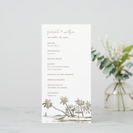 Tropisch strand palm schetch Gold Weddenprogramma Bedankkaart (Staand voorkant)