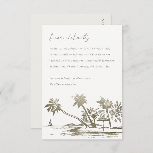 Tropisch strand palm schetch Gold Wedding Detail Informatiekaartje (Voorkant / Achterkant)
