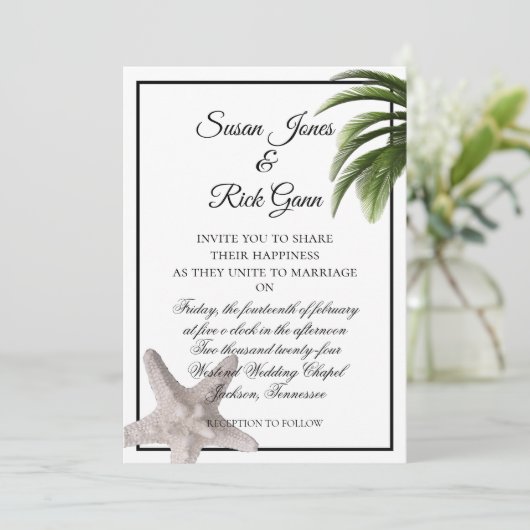 Tropisch strand palm Starfish Modern White Wedding Kaart (Staand voorkant)