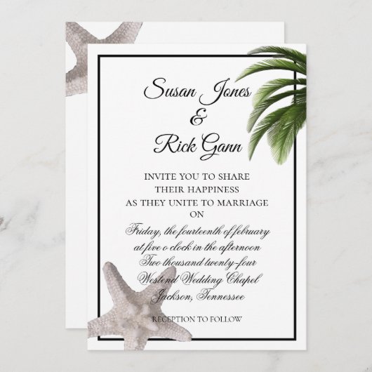 Tropisch strand palm Starfish Modern White Wedding Kaart (Voorkant / Achterkant)