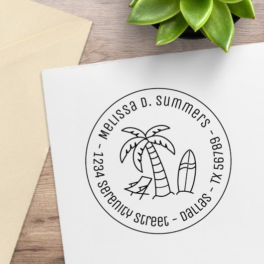 Tropisch strand palm Surfboard Round Address Rubberstempel