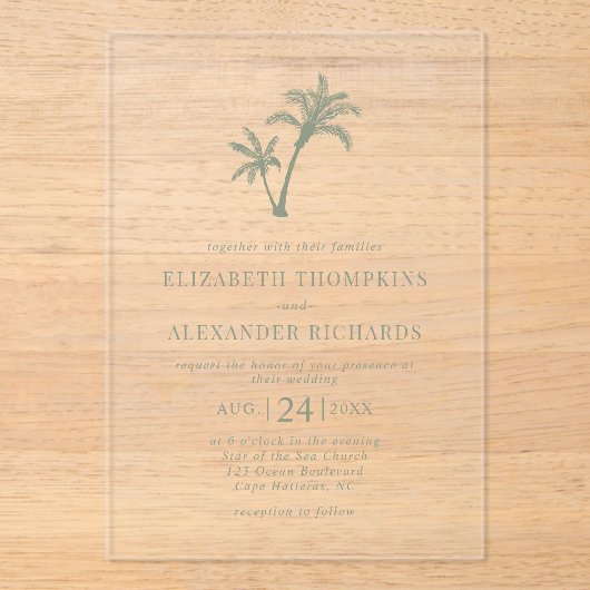 Tropisch strand palm Tree Sage Green Wedding Acryl Uitnodigingen (Voorkant)
