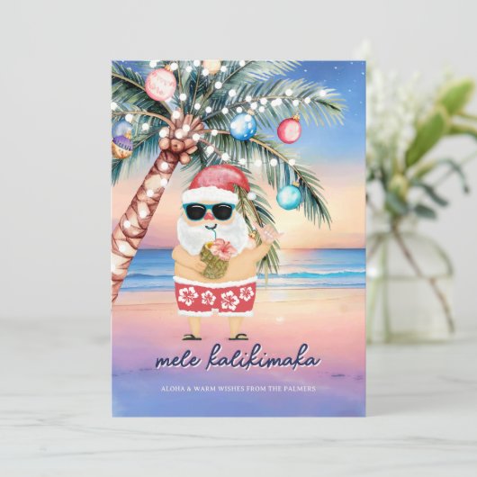 Tropisch strand Palm Tree Santa Christmas Feestdagenkaart (Staand voorkant)