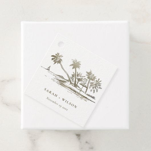 Tropisch strand palm Tree Sketch Bleek Gold Weddin Bedankjes Labels (In situ)