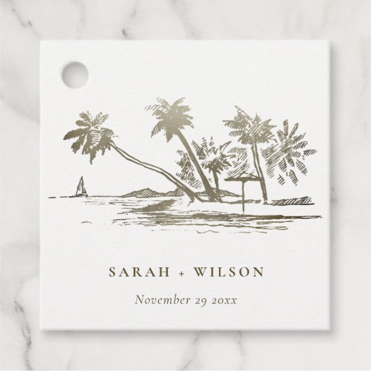 Tropisch strand palm Tree Sketch Bleek Gold Weddin Bedankjes Labels (Voorkant)