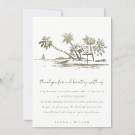 Tropisch strand palm Tree Sketch Bleek Gold Weddin Bedankkaart