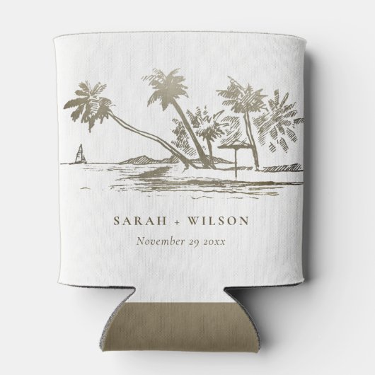 Tropisch strand palm Tree Sketch Bleek Gold Weddin Blikjeskoeler (Achterkant)