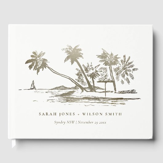 Tropisch strand palm Tree Sketch Bleek Gold Weddin Gastenboek (Voorkant)
