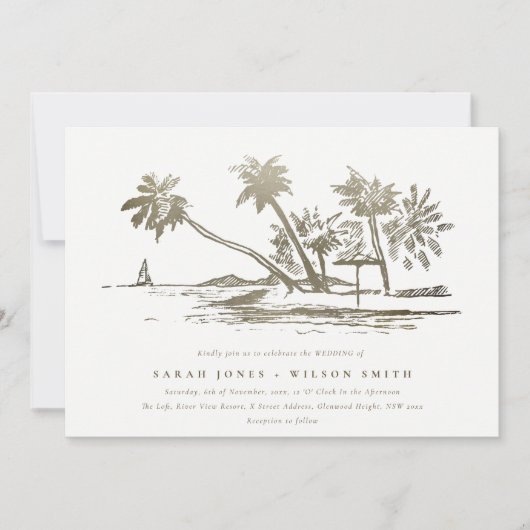 Tropisch strand palm Tree Sketch Bleek Gold Weddin Kaart (Voorkant)