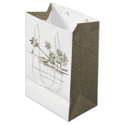 Tropisch strand palm Tree Sketch Bleek Gold Weddin Medium Cadeauzakje (Voorkant Gekanteld)