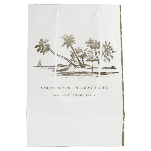 Tropisch strand palm Tree Sketch Bleek Gold Weddin Medium Cadeauzakje (Achterkant)