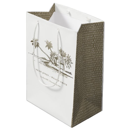 Tropisch strand palm Tree Sketch Bleek Gold Weddin Medium Cadeauzakje (Achterkant Gekanteld)