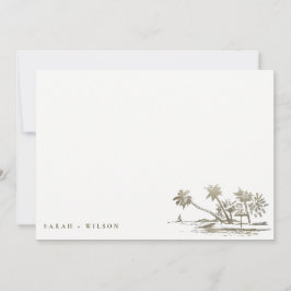Tropisch strand palm Tree Sketch Bleek Gold Weddin Notitiekaartje