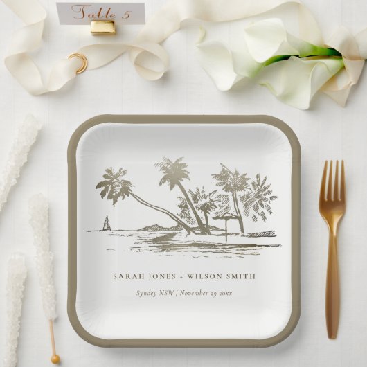 Tropisch strand palm Tree Sketch Bleek Gold Weddin Papieren Bordje (Huwelijk)