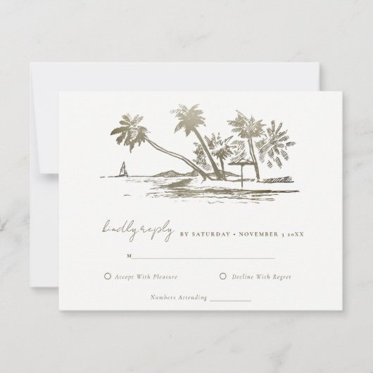 Tropisch strand palm Tree Sketch Bleek Gold Weddin RSVP Kaartje (Voorkant)