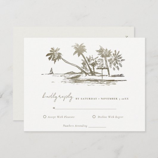 Tropisch strand palm Tree Sketch Bleek Gold Weddin RSVP Kaartje (Voorkant / Achterkant)
