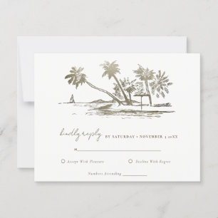 Tropisch strand palm Tree Sketch Bleek Gold Weddin RSVP Kaartje