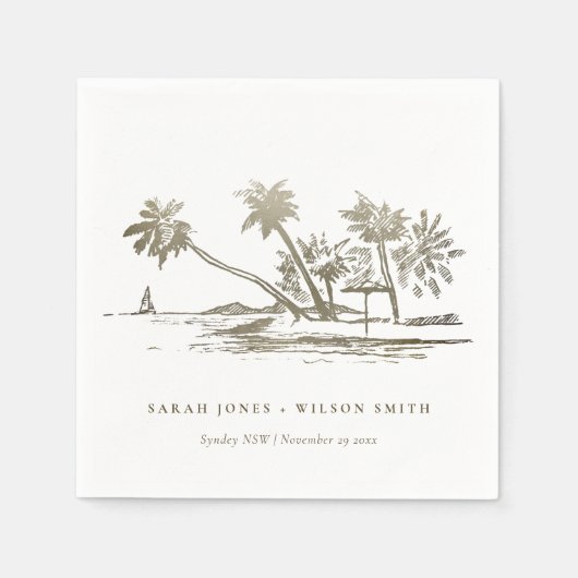 Tropisch strand palm Tree Sketch Bleek Gold Weddin Servet (Voorkant)